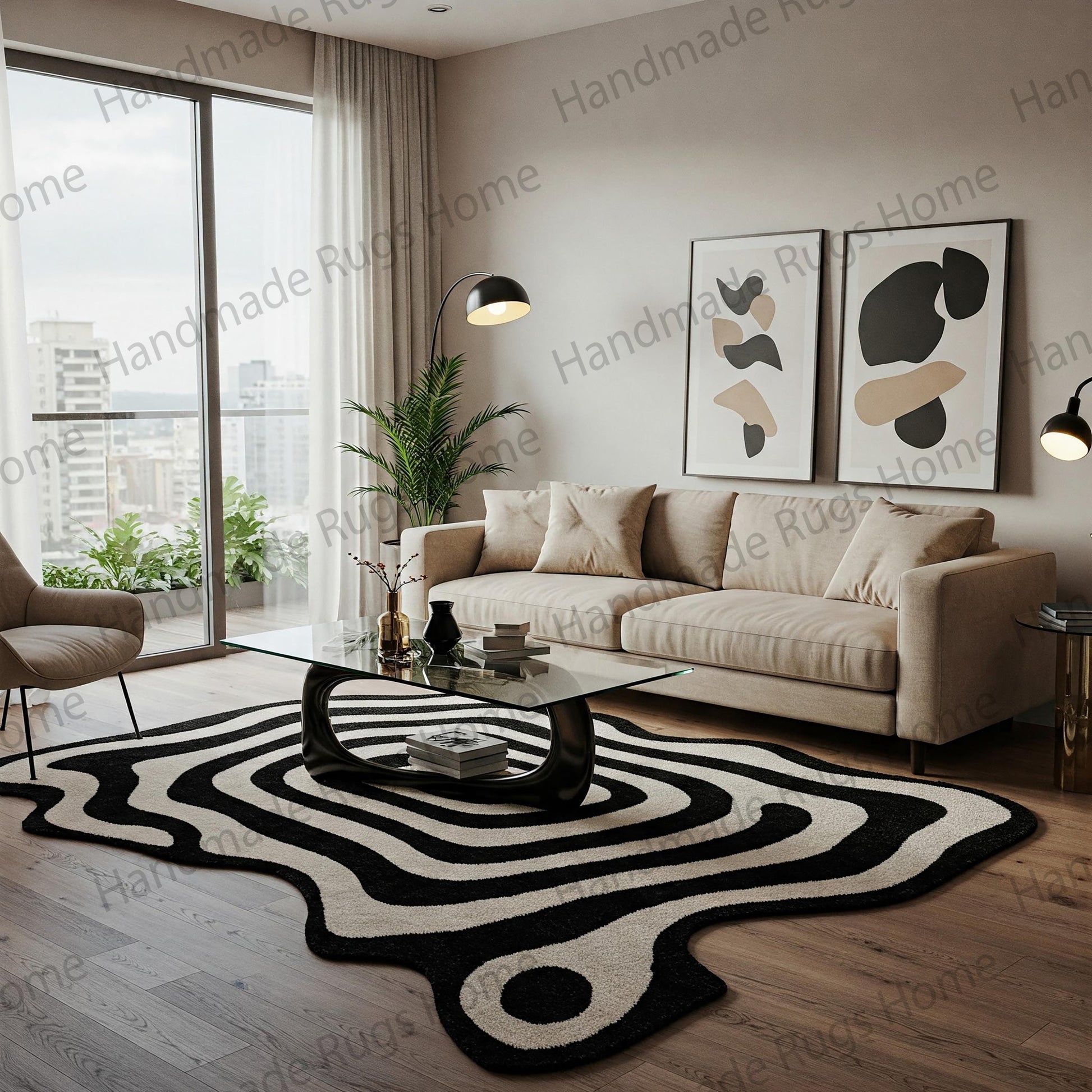 Hand-tufted black and white abstract wool rug
