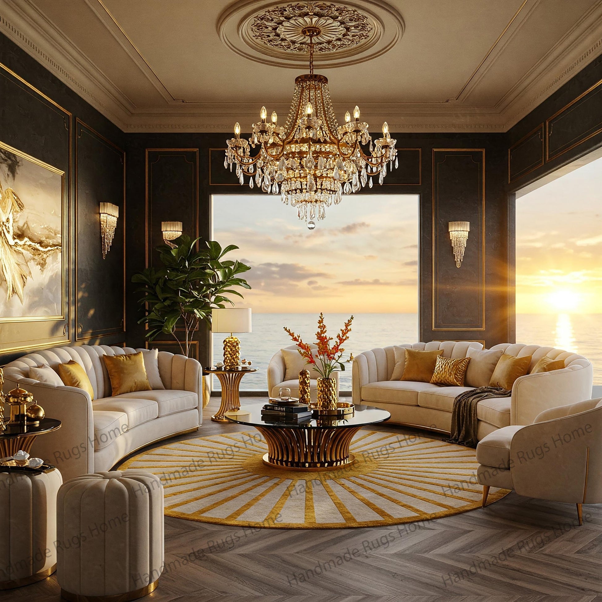 Luxurious hand-tufted wool rug with gold and ivory design