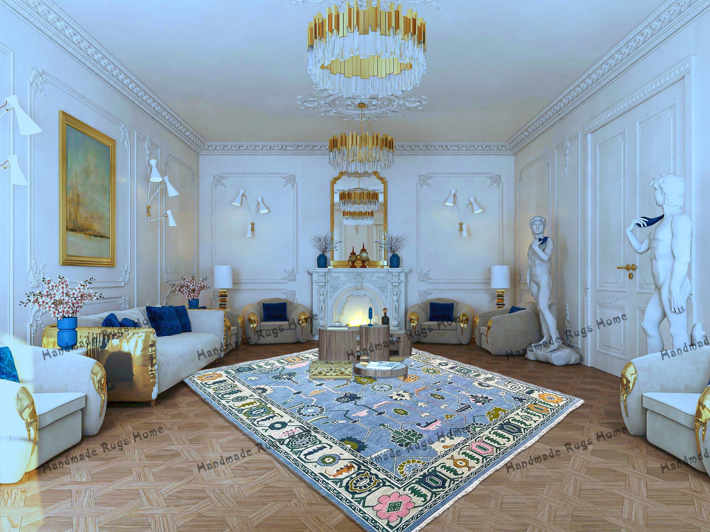 Hand-Knotted Turkish Style Wool Rug: Sky Blue & Green Oushak