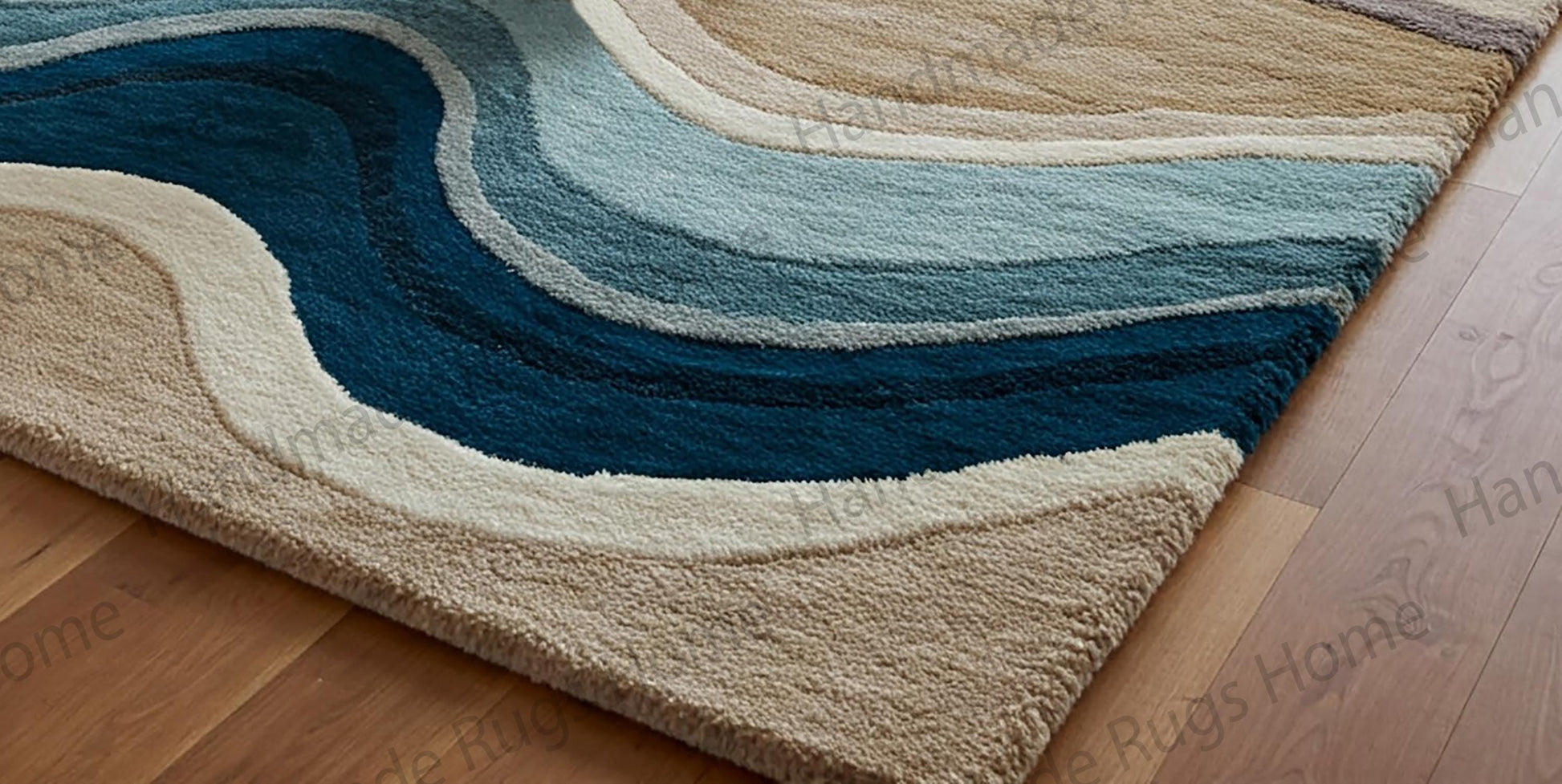 Luxury area rug featuring abstract blue and beige waves