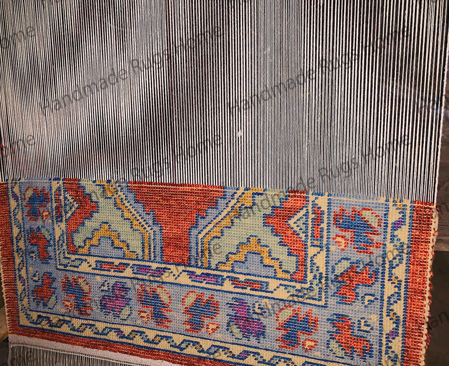High-quality hand-knotted Oushak carpet with geometric patterns