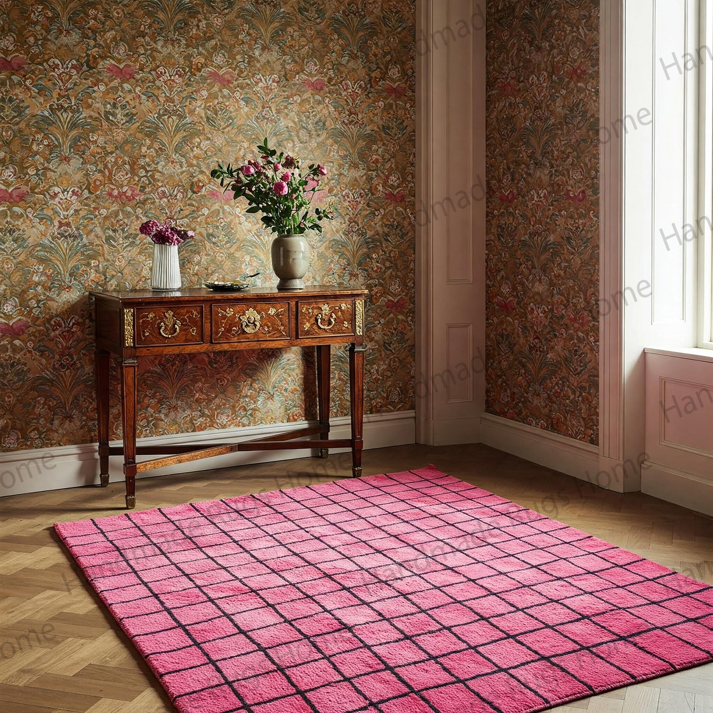 Handmade tufted wool rug in a bold pink grid design