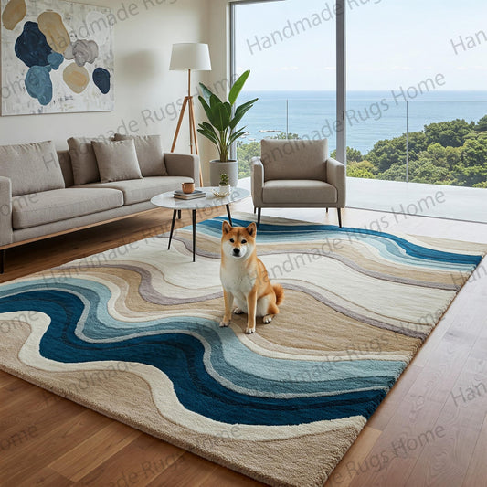 Handmade tufted wool rug with a modern wavy design