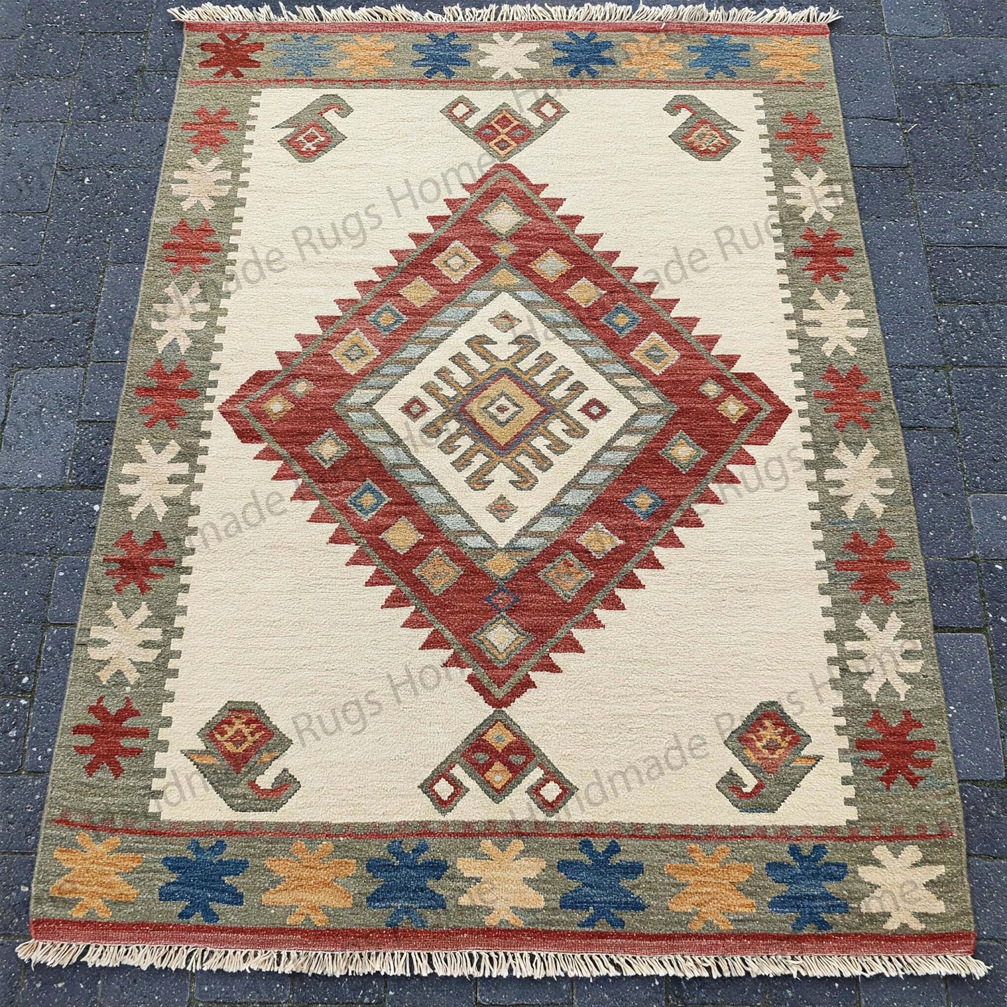Handmade wool dhurrie rug with geometric tribal patterns