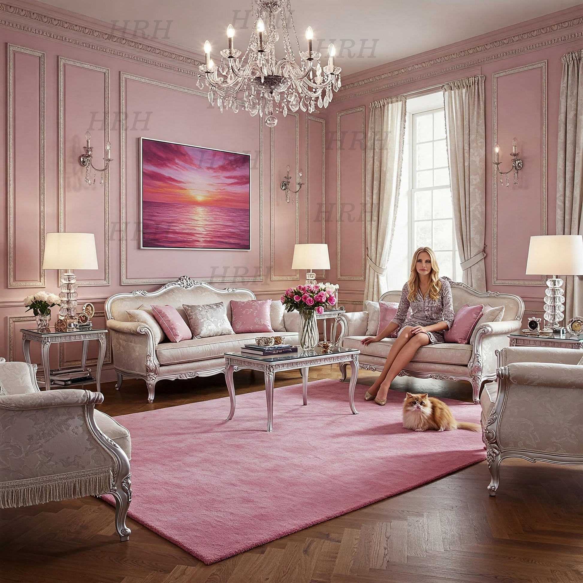 Elegant living room with soft pink hand-tufted area rug