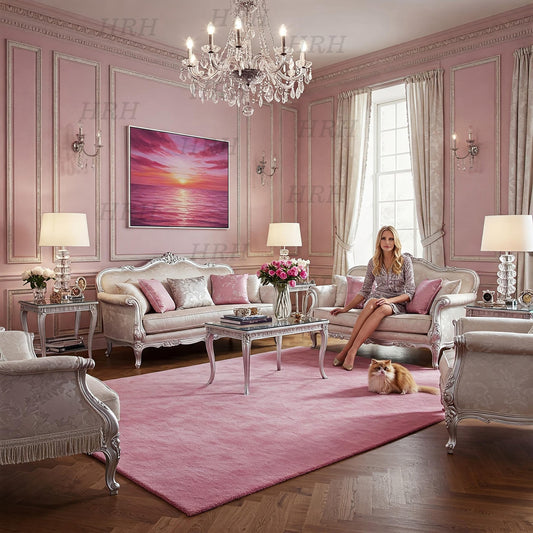 Elegant living room with soft pink hand-tufted area rug