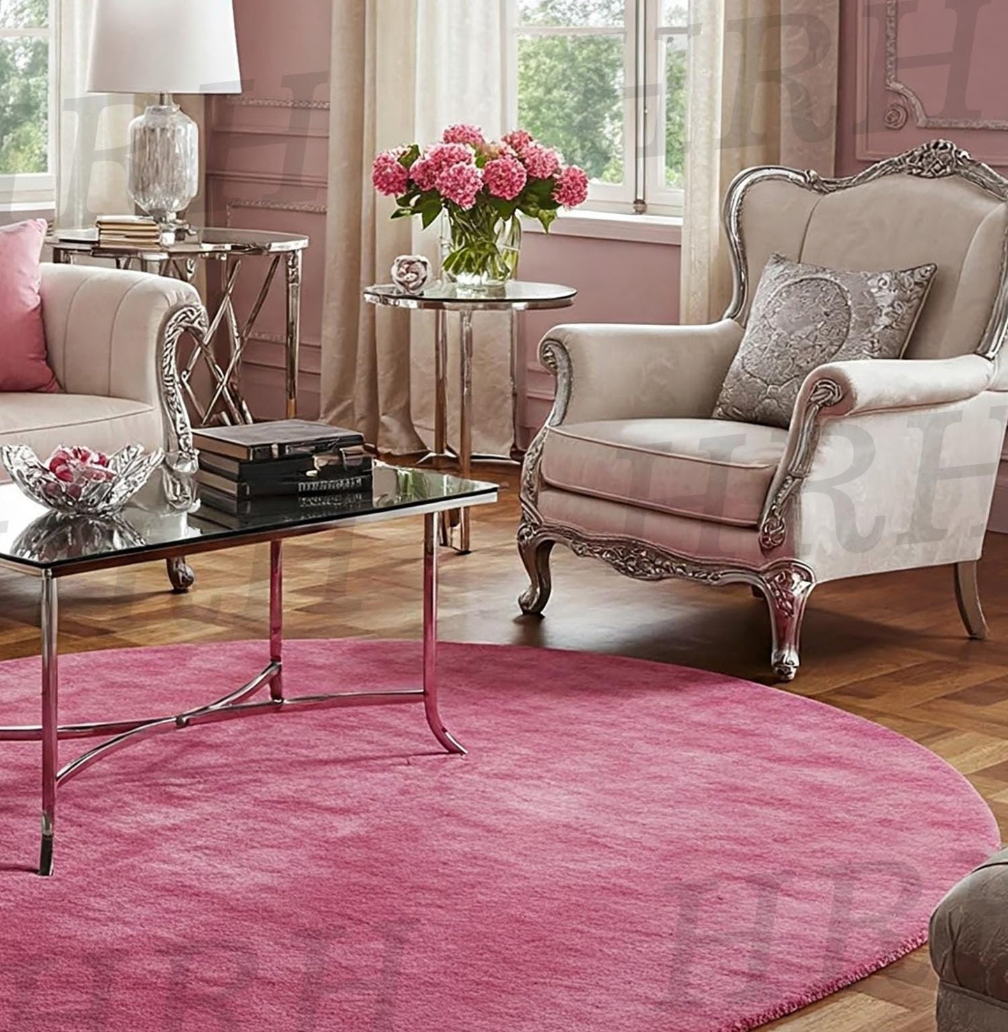 Glam living room with soft pink oval rug centerpiece