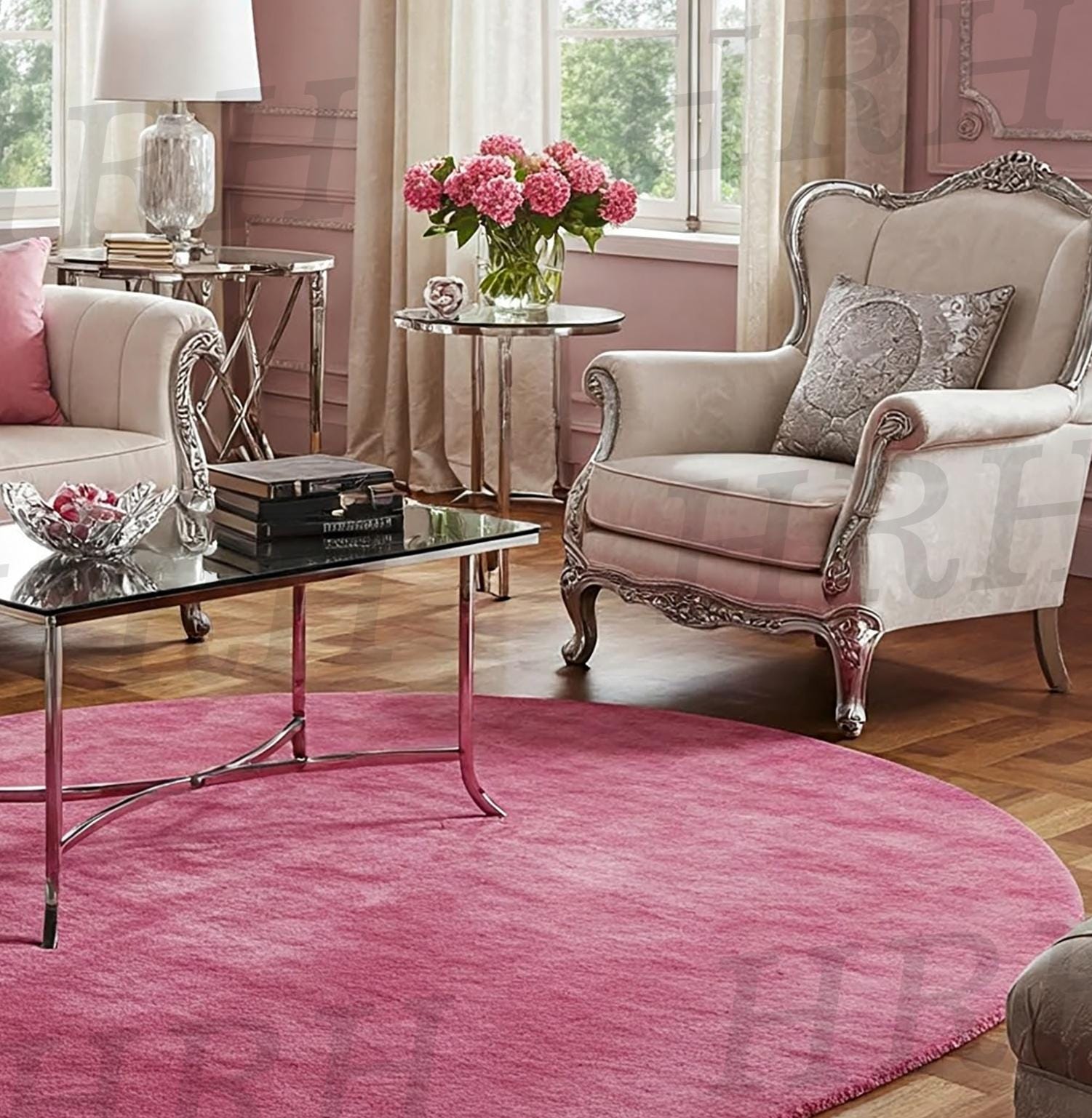 Glam living room with soft pink oval rug centerpiece