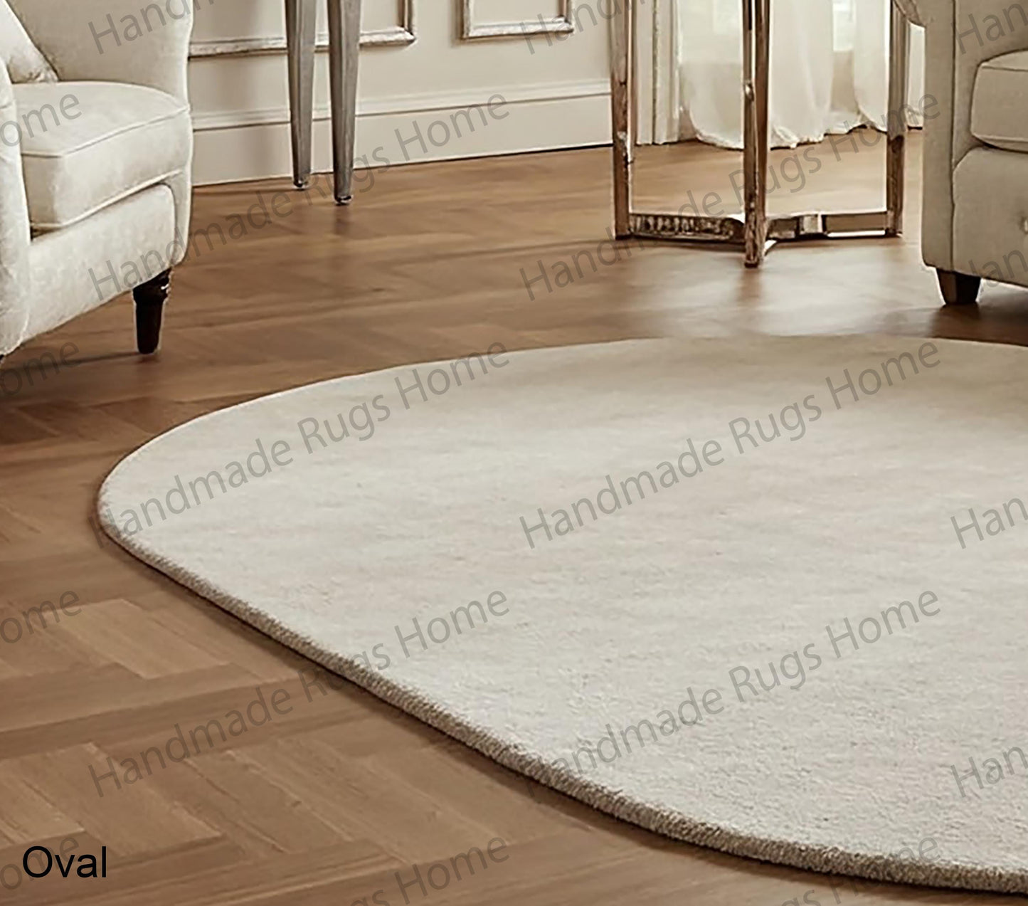 Soft oval area rug under classic tufted sofa