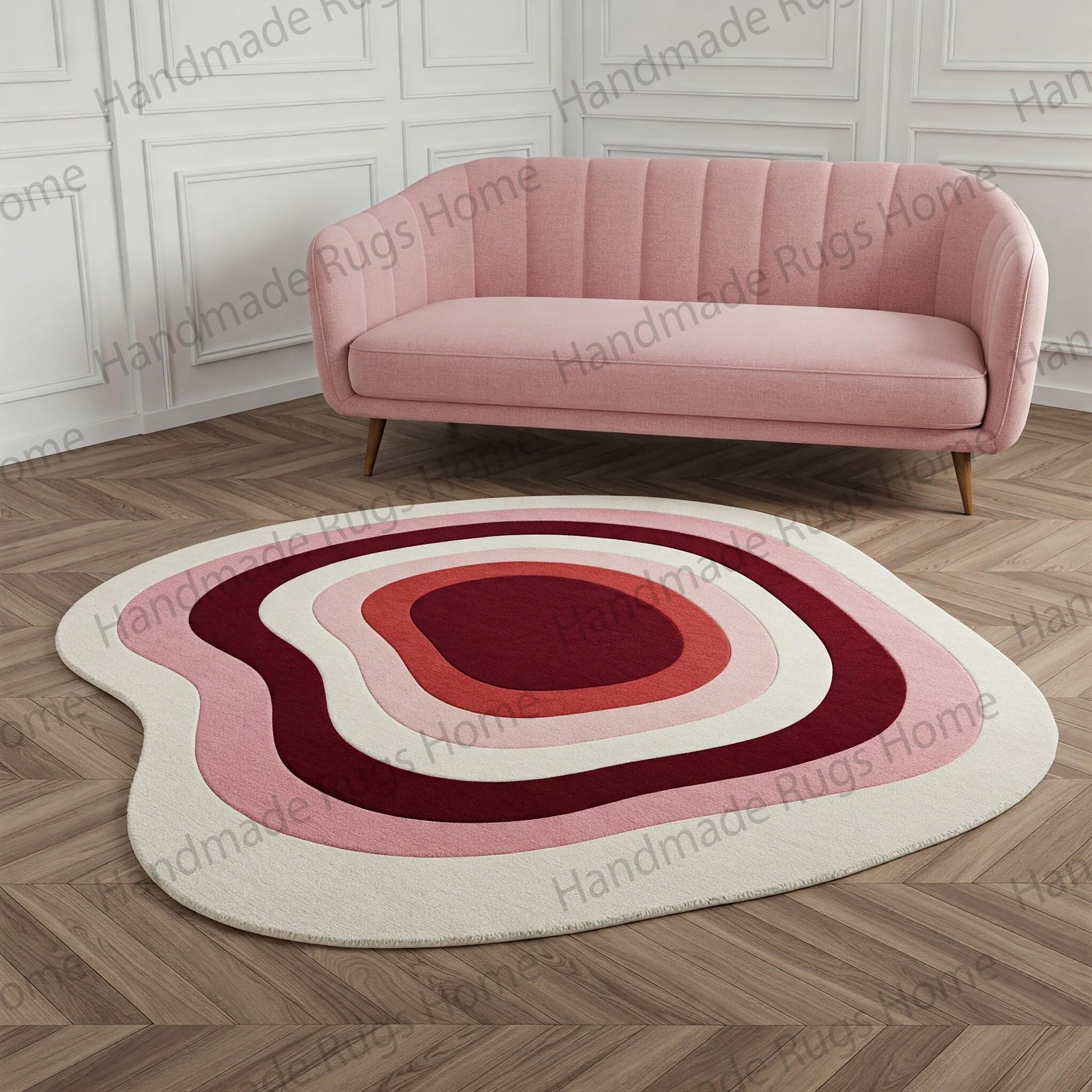 Wavy abstract tufted rug in pink and burgundy tones