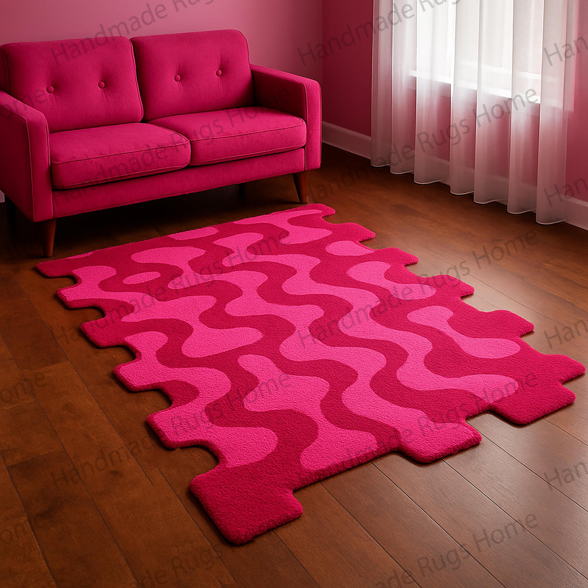 Hand-tufted pink wool rug with wave pattern