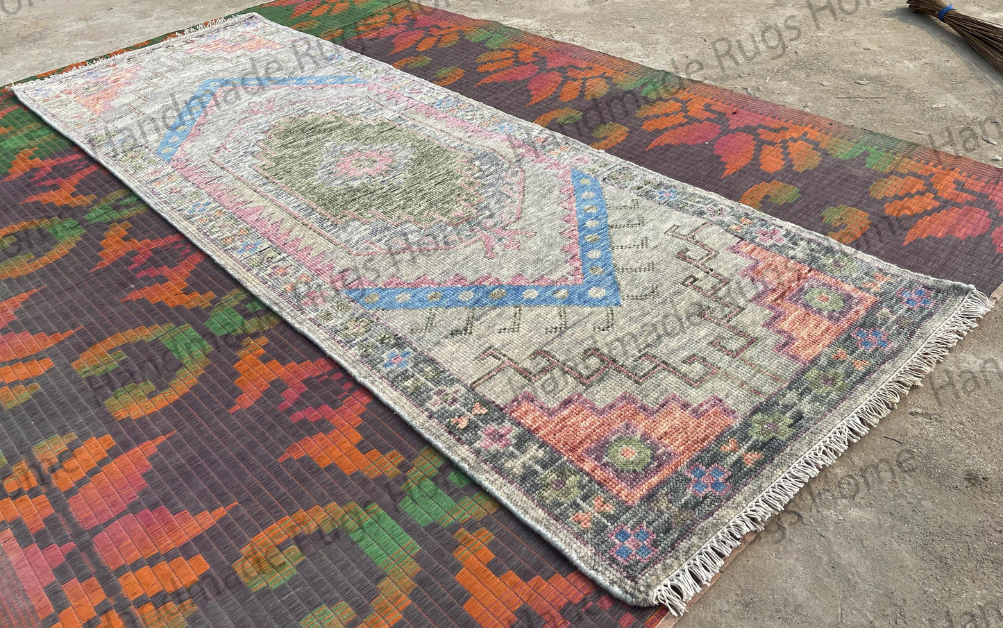 Vintage distressed look Turkish runner for hallway or kitchen.