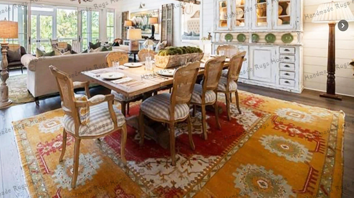 Hand-Knotted Oushak Rug - 9x12 Vintage Turkish Wool Carpet in Gold, Rust Red & Ivory with Traditional Floral Medallions.