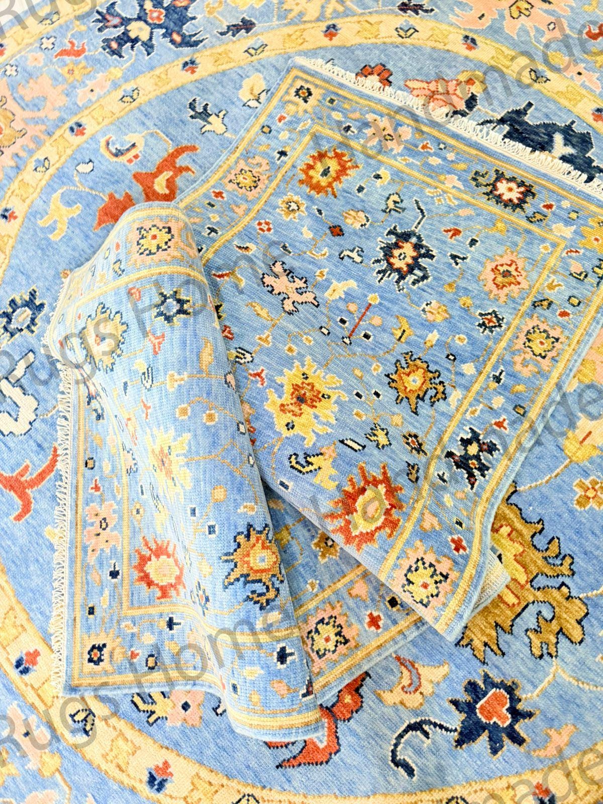 Oriental rug in soft blue, red, gold, and ivory color scheme