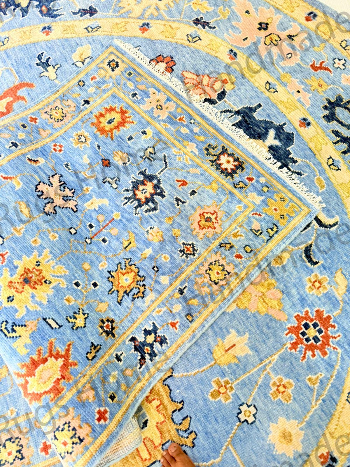 Hand-Knotted Oushak Wool Rug: Traditional Persian Style, Sky Blue Floral