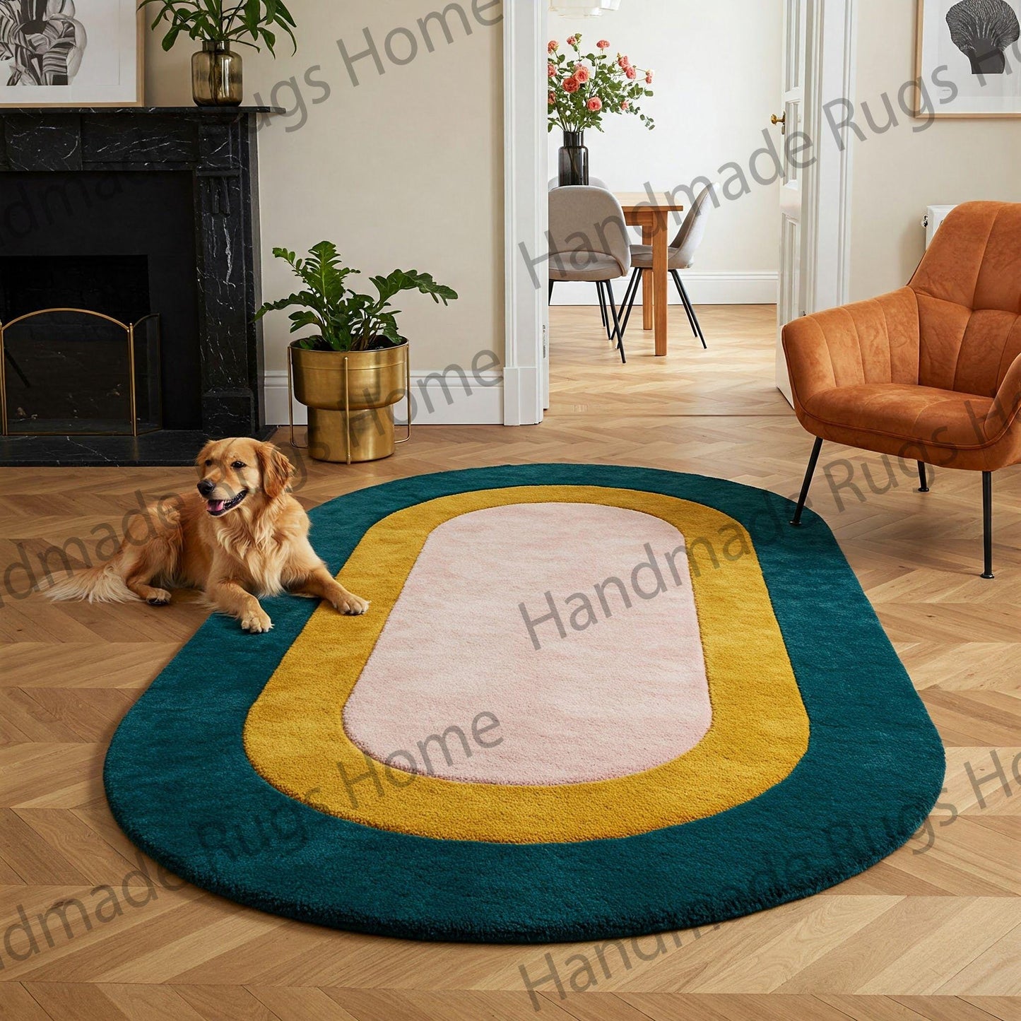 Oval hand-tufted wool rug in teal, mustard yellow, and blush pink.