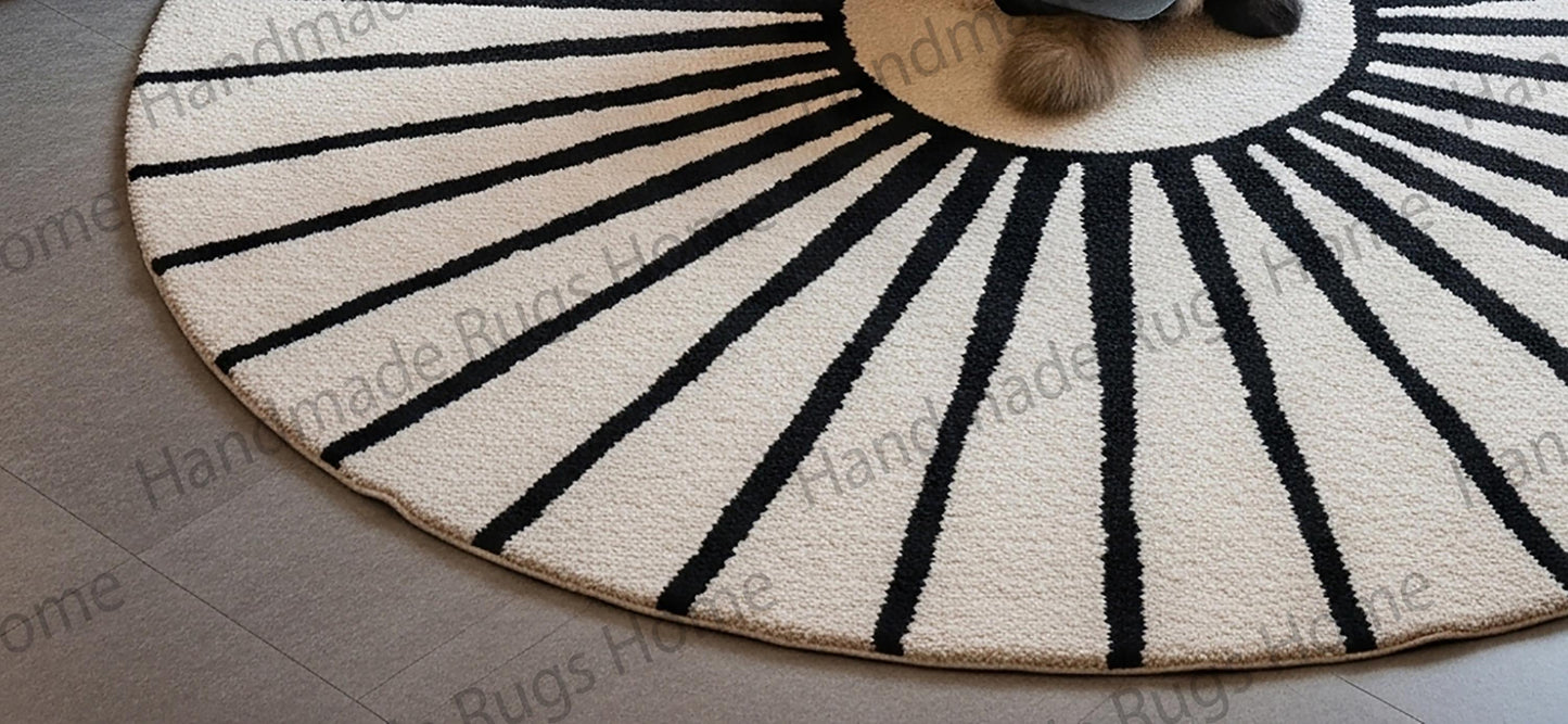 Hand-Tufted Wool Round Rug: Modern Black & White Sunburst Design