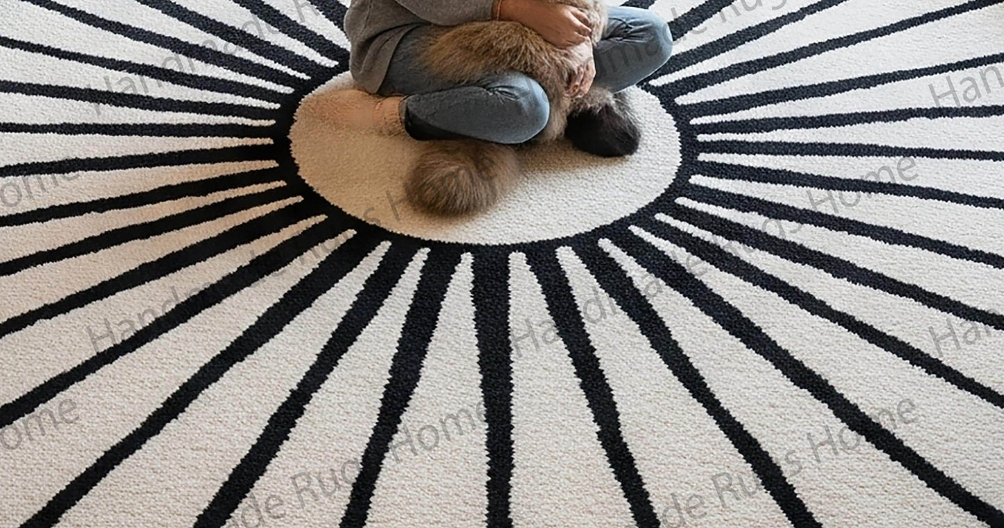 Hand-Tufted Wool Round Rug: Modern Black & White Sunburst Design
