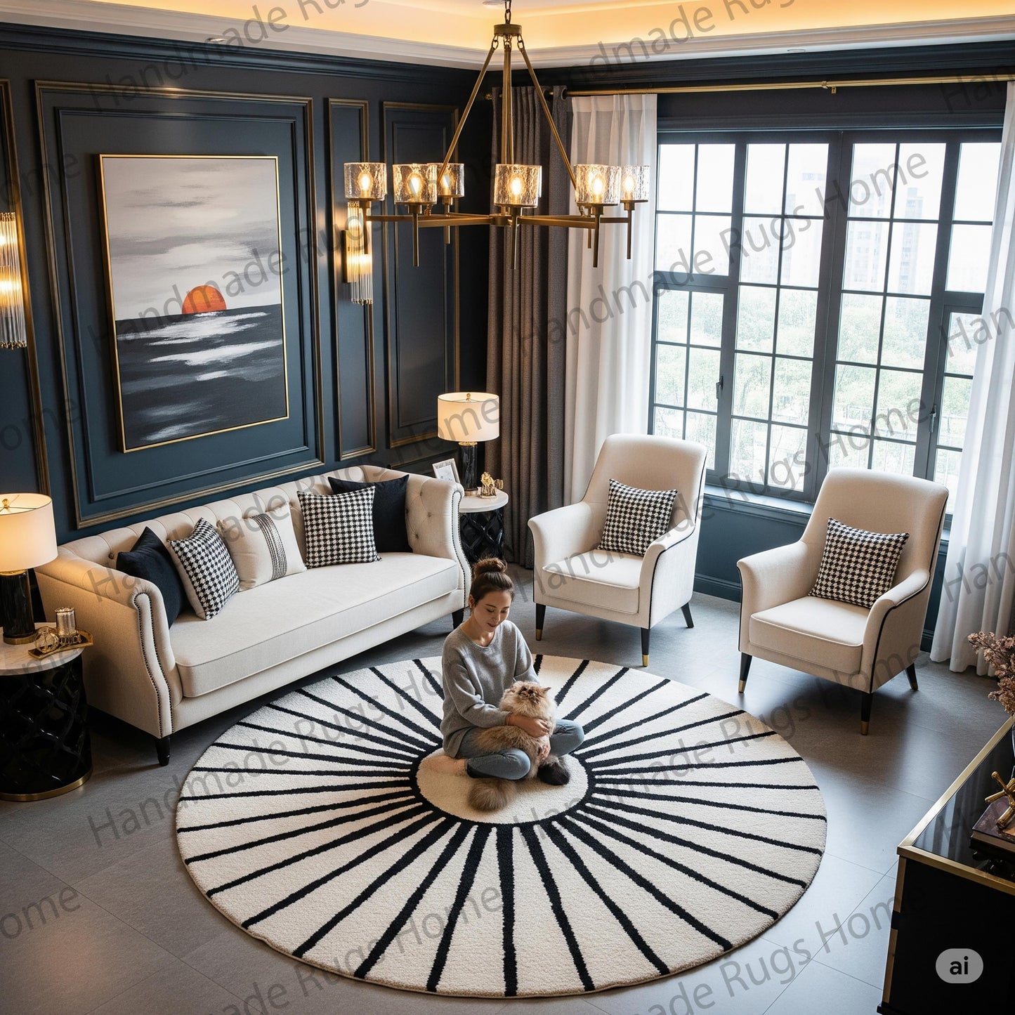 Hand-Tufted Wool Round Rug: Modern Black & White Sunburst Design