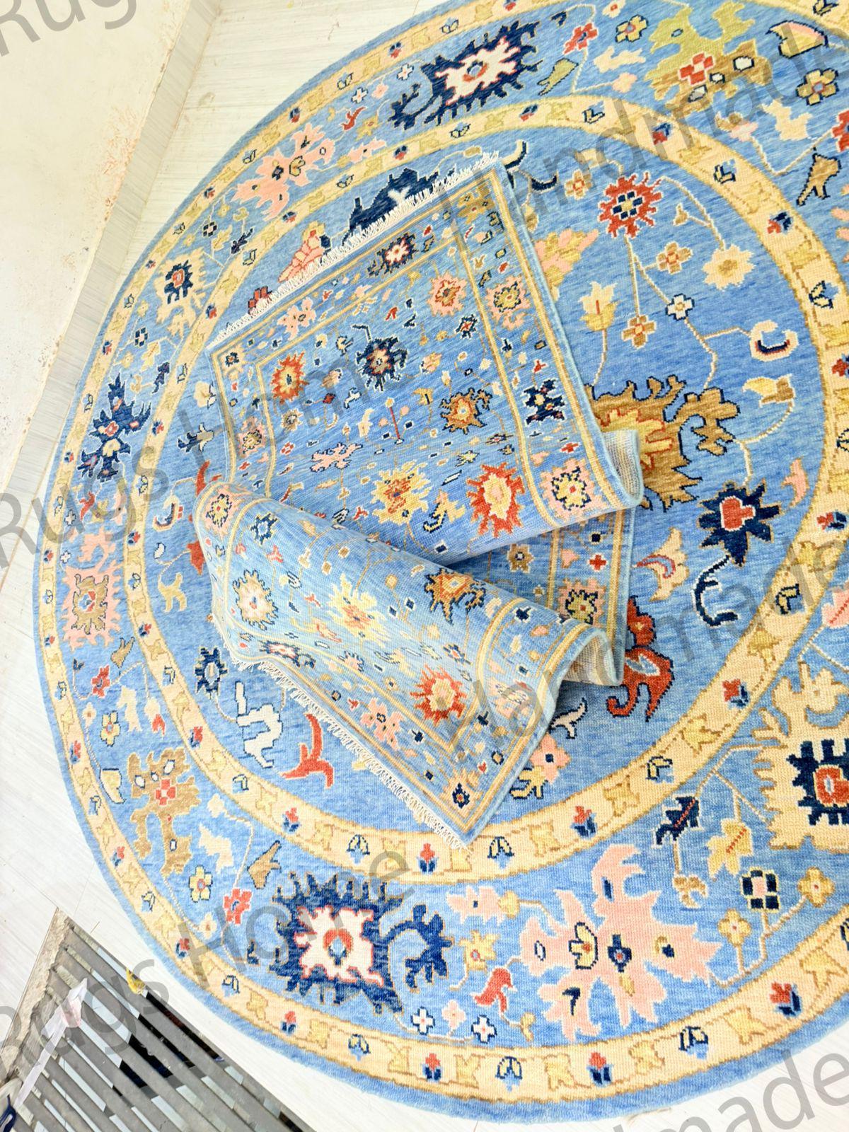 Close-up of woven blue oriental rug showing knotting detail