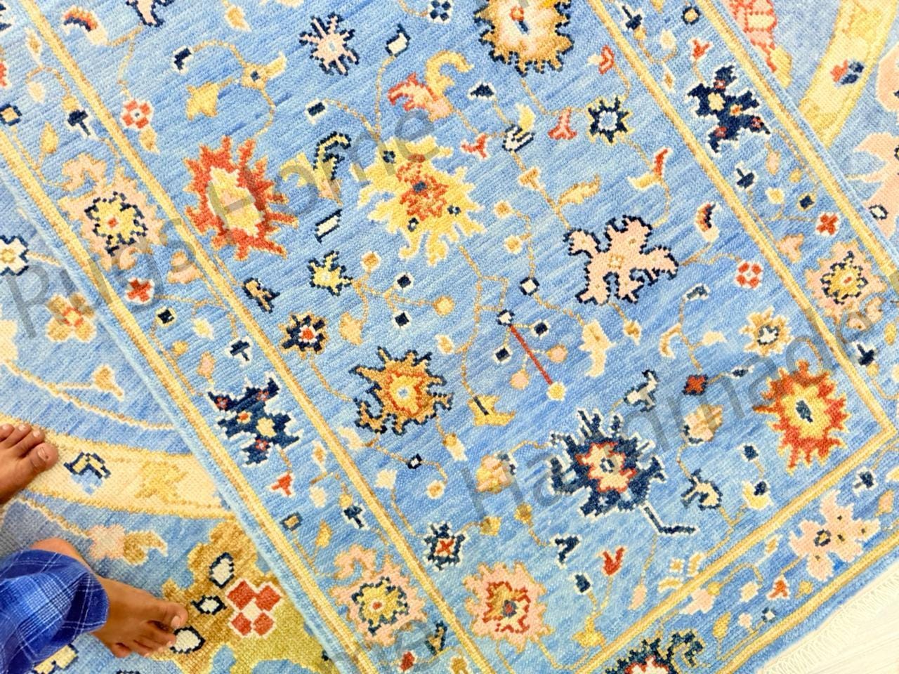 Hand-Knotted Oushak Wool Rug: Traditional Persian Style, Sky Blue Floral