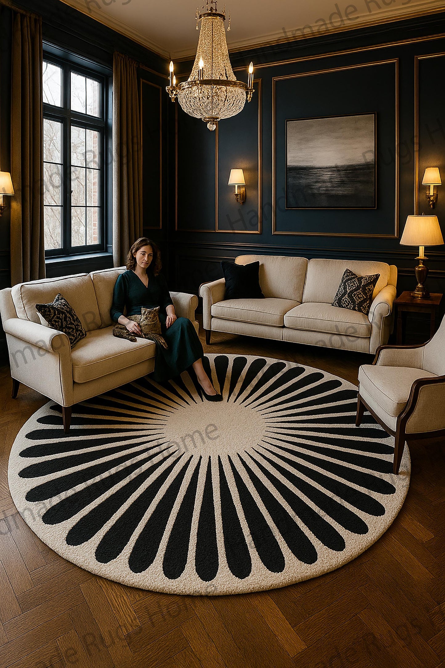 Hand-tufted round wool rug, black and ivory sunburst pattern.
Luxurious hand-tufted wool rug, "Midnight Sunburst" design.
Premium 100% wool rug, black and cream, living room setting.
Elegant round hand-tufted rug, bold geometric pattern.
Soft, plush hand-tufted wool area rug for modern interiors.
High-quality black and ivory wool rug, artisanal craftsmanship.
Stylish hand-tufted rug, focal point in dark-walled room.
Hand-knotted wool rug, durable and stain-resistant.