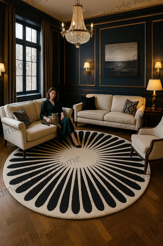 Hand-tufted round wool rug, black and ivory sunburst pattern.
Luxurious hand-tufted wool rug, "Midnight Sunburst" design.
Premium 100% wool rug, black and cream, living room setting.
Elegant round hand-tufted rug, bold geometric pattern.
Soft, plush hand-tufted wool area rug for modern interiors.
High-quality black and ivory wool rug, artisanal craftsmanship.
Stylish hand-tufted rug, focal point in dark-walled room.
Hand-knotted wool rug, durable and stain-resistant.
