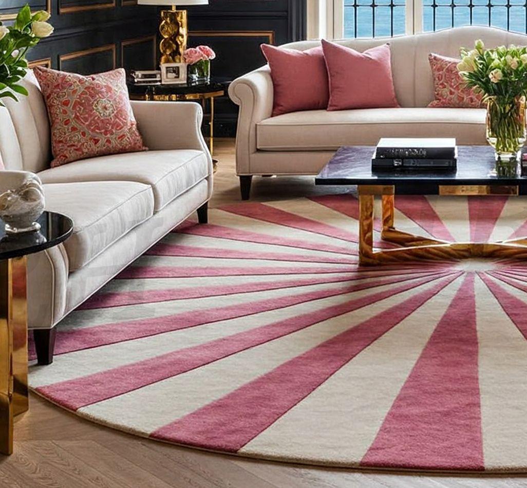 Hand-Tufted Wool Round Rug: Pink Sun Design, 10x10-14x14