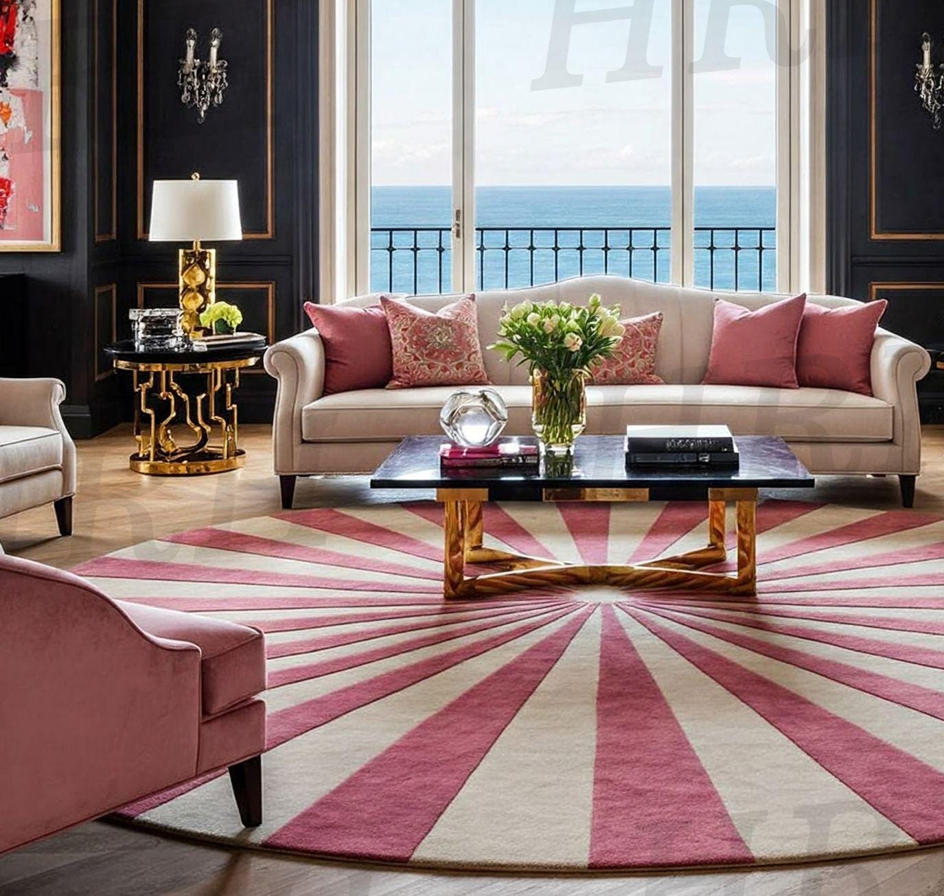 Hand-Tufted Wool Round Rug: Pink Sun Design, 10x10-14x14