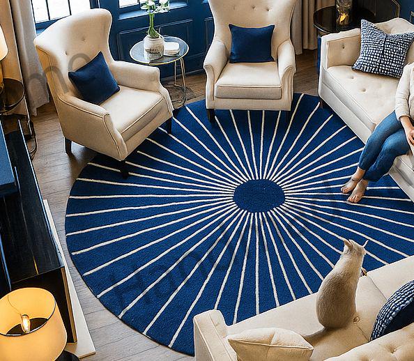 Circular hand-tufted wool rug with a striking modern design, ideal for contemporary spaces.