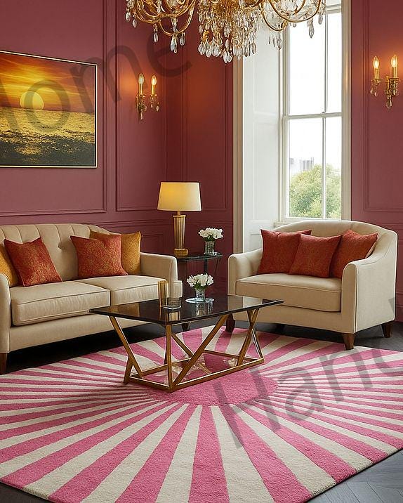 Hand-tufted wool rug featuring a striking pink and ivory sunburst motif on a dark wood floor.