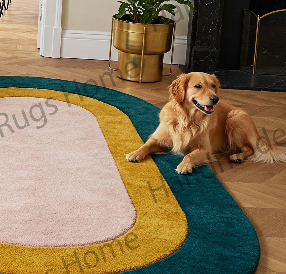 Plush wool rug with a unique oval design and vibrant color blocking.