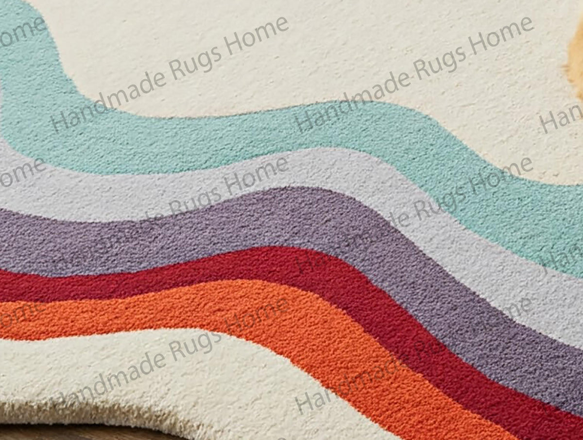 Hand-Tufted Wool Rug: Retro Waves - Cream, Aqua, Lavender