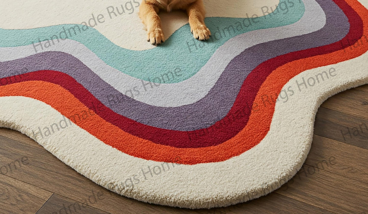 Hand-Tufted Wool Rug: Retro Waves - Cream, Aqua, Lavender
