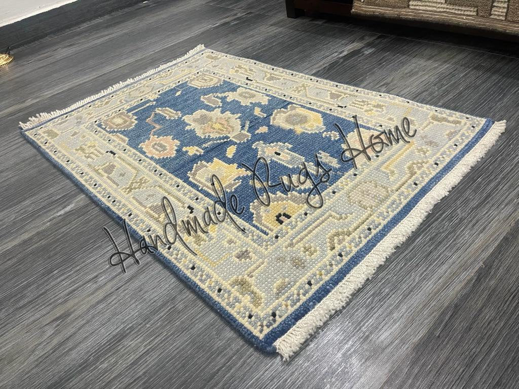 Vintage Hand Knotted Wool Rug: Blue Oriental Turkish Style