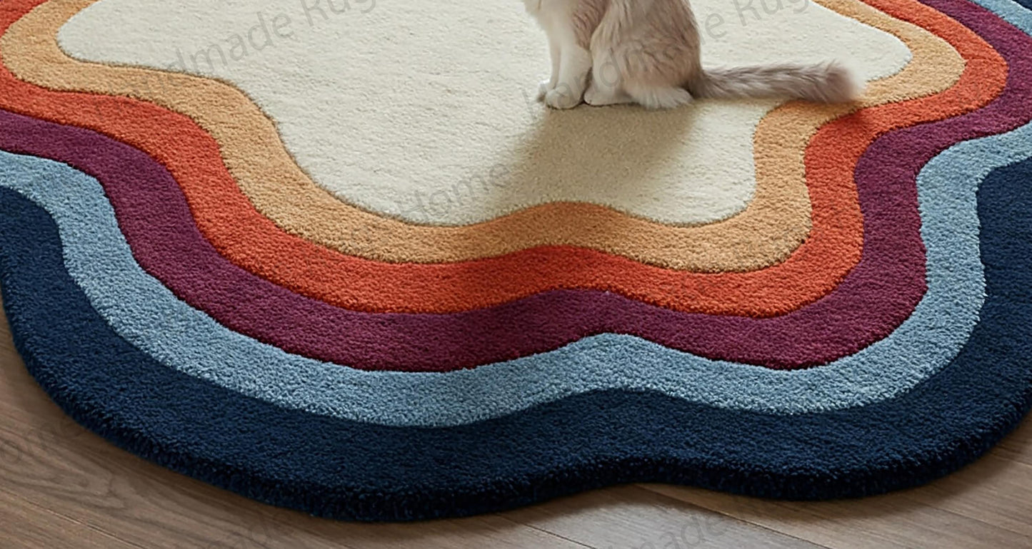 Hand-Tufted Wool Area Rug: Sunset Bloom Irregular Wavy Design
