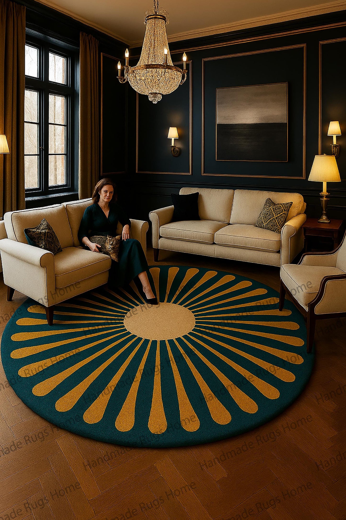 Circular hand-tufted rug, striking colorful design.