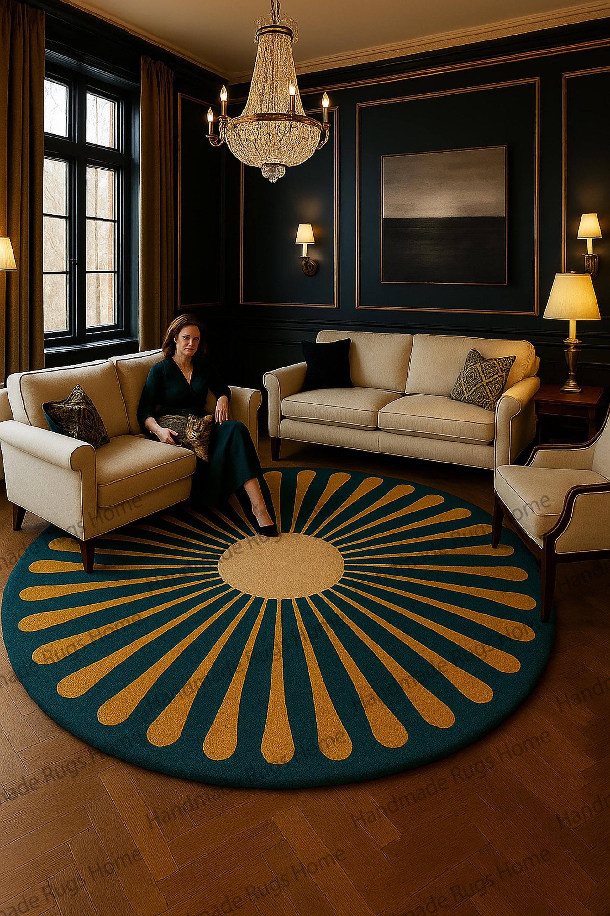 Circular hand-tufted rug, striking colorful design.