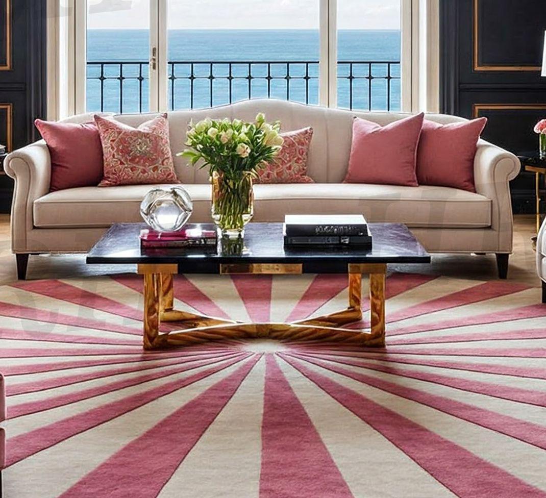 Hand-Tufted Wool Round Rug: Pink Sun Design, 10x10-14x14