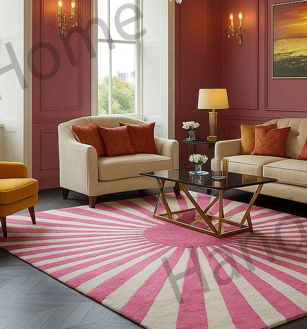 Close-up of a modern geometric sunburst hand-tufted rug in shades of pink and ivory.