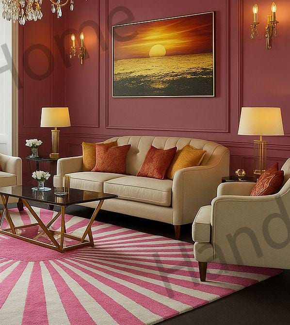Full view of a luxurious pink and ivory sunburst wool area rug complementing a sophisticated living room.