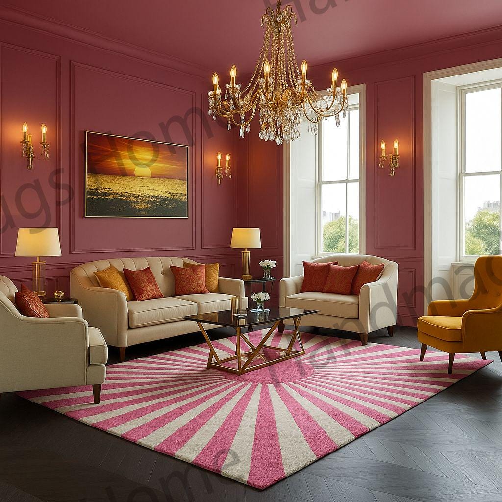 A vibrant pink and ivory hand-tufted wool rug with a sunburst pattern in a stylish living room.