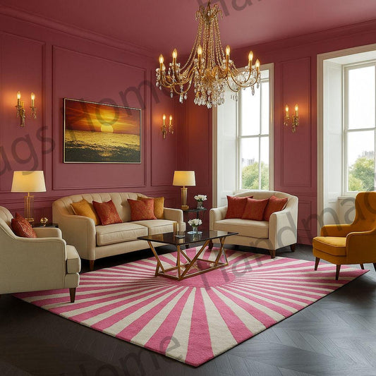 A vibrant pink and ivory hand-tufted wool rug with a sunburst pattern in a stylish living room.