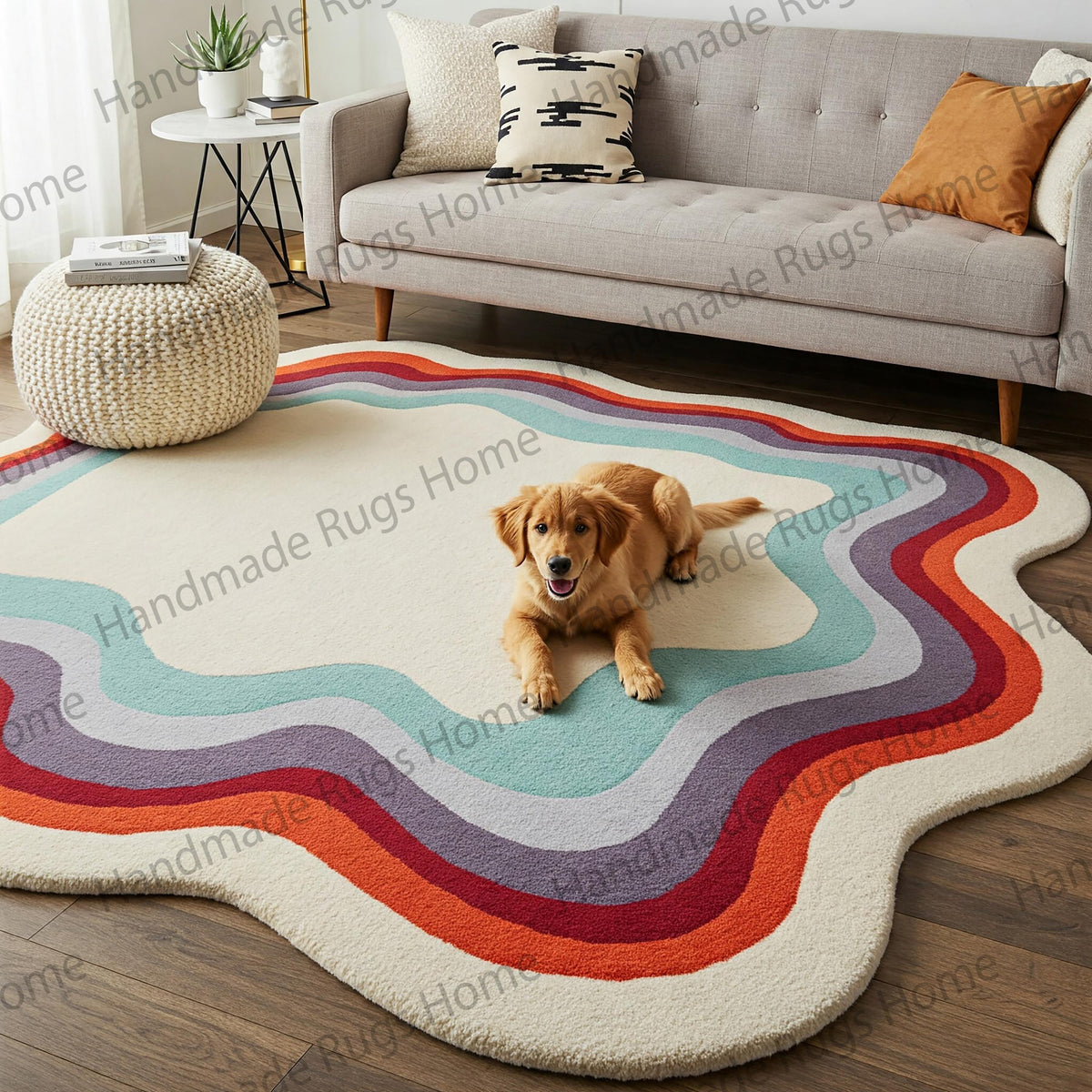 Hand-Tufted Wool Rug: Retro Waves - Cream, Aqua, Lavender