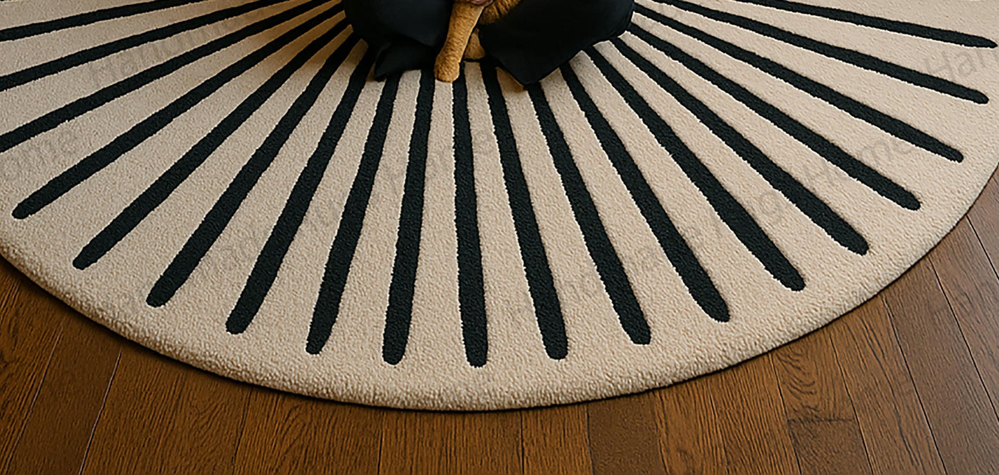 Hand-Tufted Wool Sunburst Rug, Round Geometric Area Carpet, Black Ivory Luxury Decor