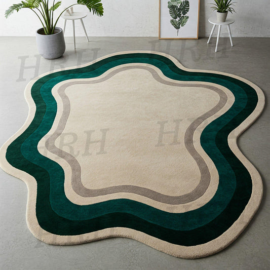 Retro Wave Wool Rug - Soft Plush Pile in Cream and Aqua Colors