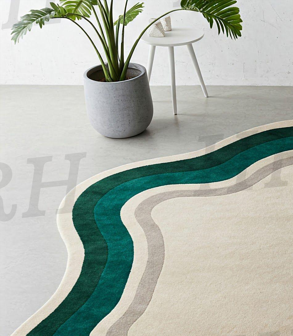 Retro Wave Wool Rug - Soft Plush Pile in Cream and Aqua Colors