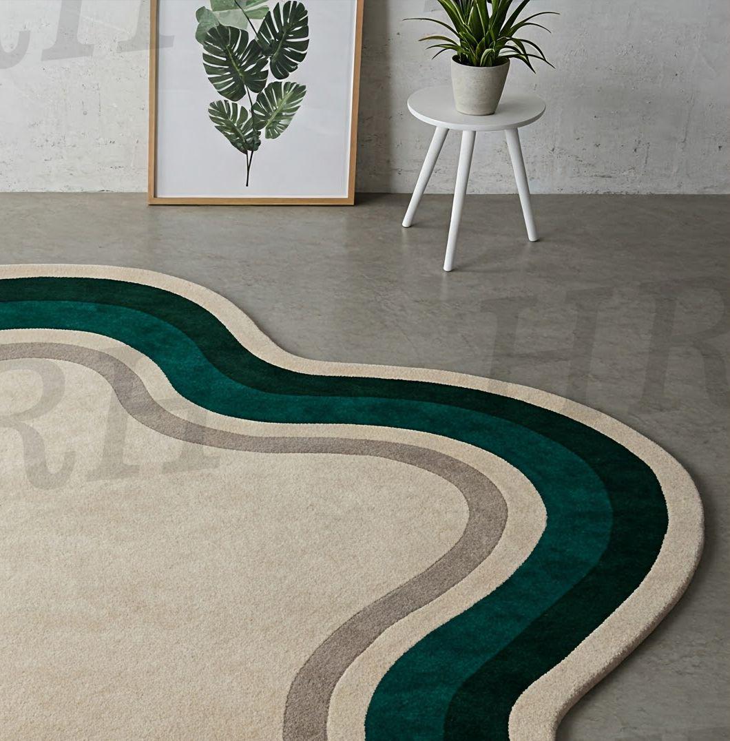 Retro Wave Wool Rug - Soft Plush Pile in Cream and Aqua Colors