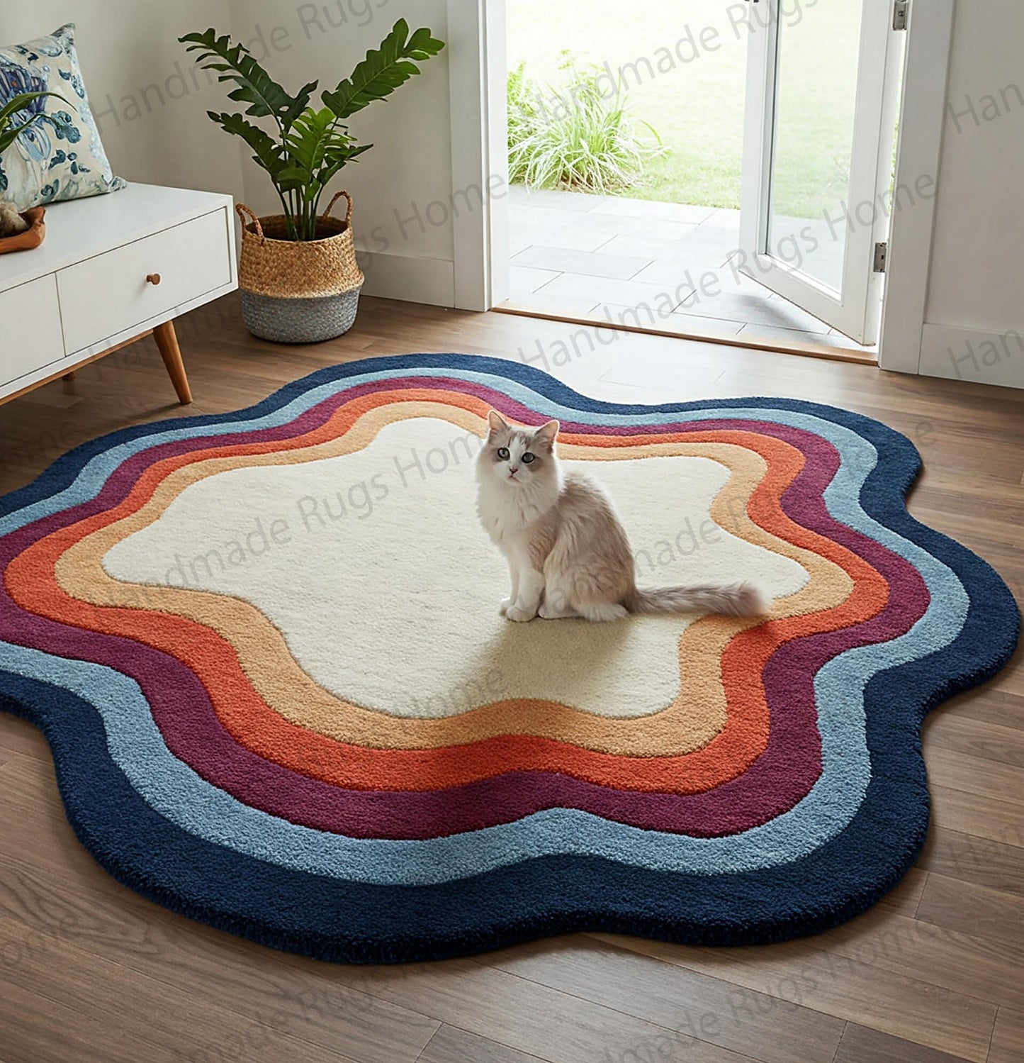 Hand-Tufted Wool Area Rug: Sunset Bloom Irregular Wavy Design