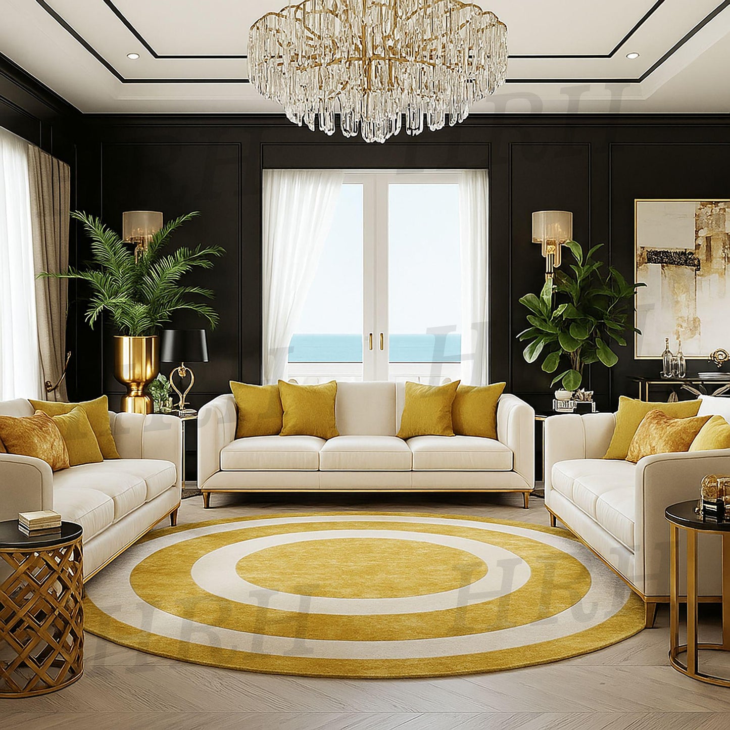 Hand-Tufted Wool Area Rug: Radiant Sunrise Gold, Modern Round Carpet